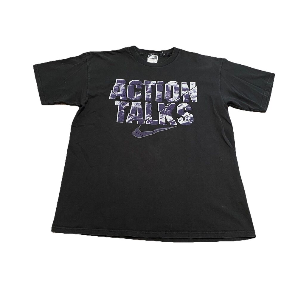 Vintage Nike Tee Shirt Action Talks Center Swoosh USA Made 90s Black Grey Tag L
